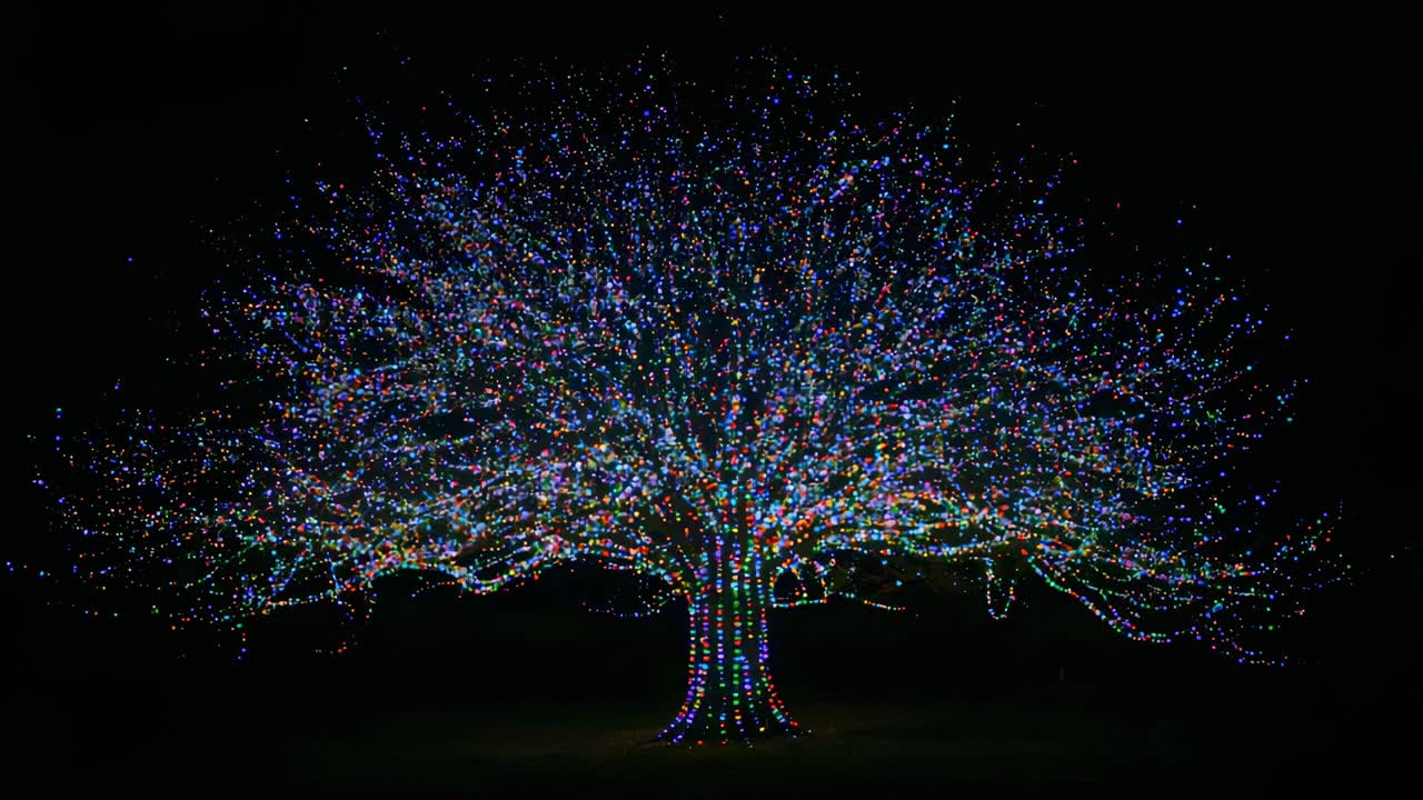Running light program, multicolored LED pulsing across large deciduous tree at night, dark lawn