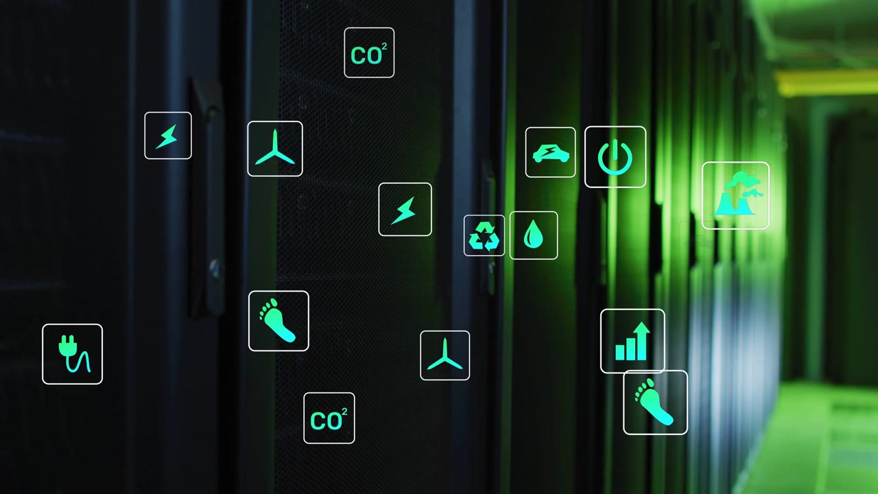 Sekvens starter, serverracks lyser grønt, mens telemetriikoner samles til datacenter-målinger.