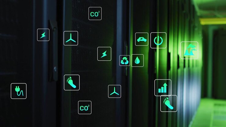 Sekvens starter, serverracks lyser grønt, mens telemetriikoner samles til datacenter-målinger.