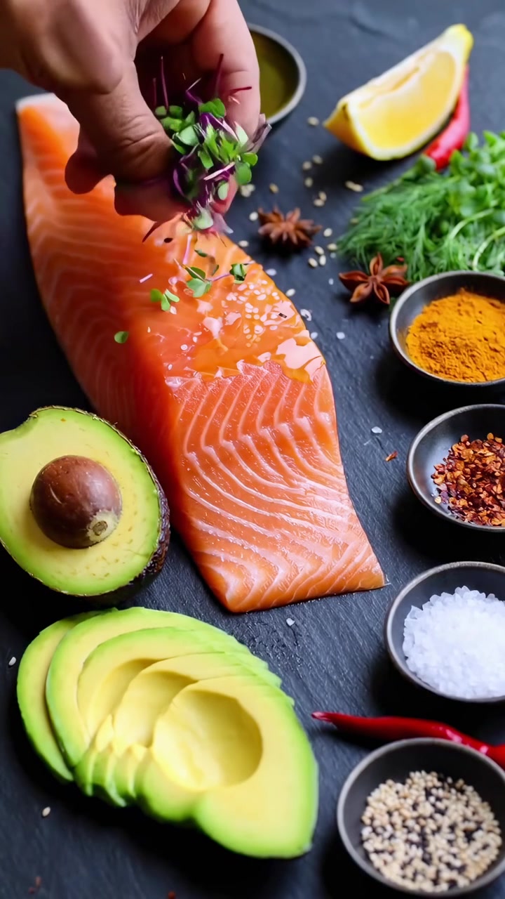 Mano che condisce un filetto di salmone fresco con avocado, erbe aromatiche e spezie