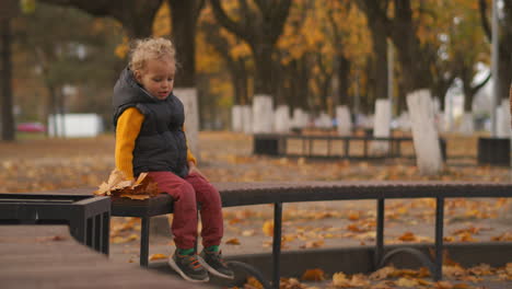 weekend in park at autumn little boy is resting on bench and smiling enjoying walking at good fall weather happy childhood memories