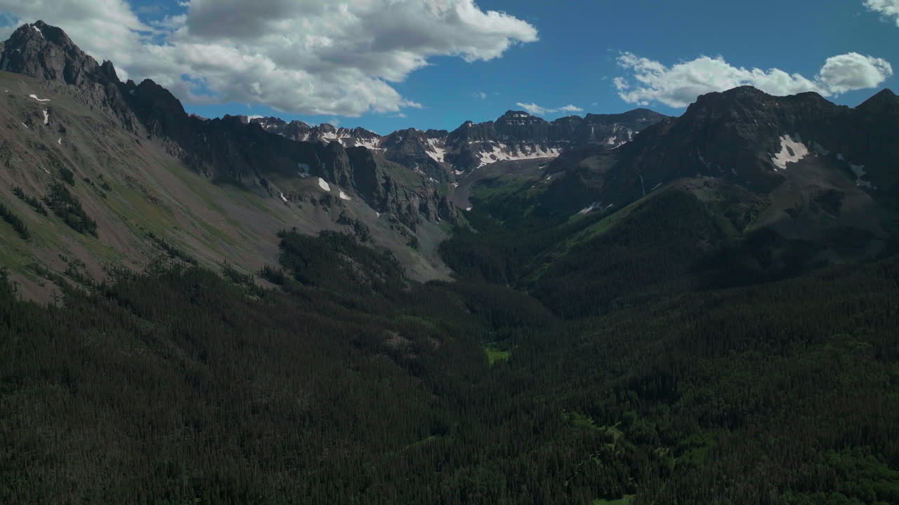 Colorado scenic summer San Juans Rocky Mountains aerial drone cinematic Ridgway Blue Lakes Mount Sniffels Wilderness Dallas Range 14er Million Dollar Highway trailhead blue sky backwards movement