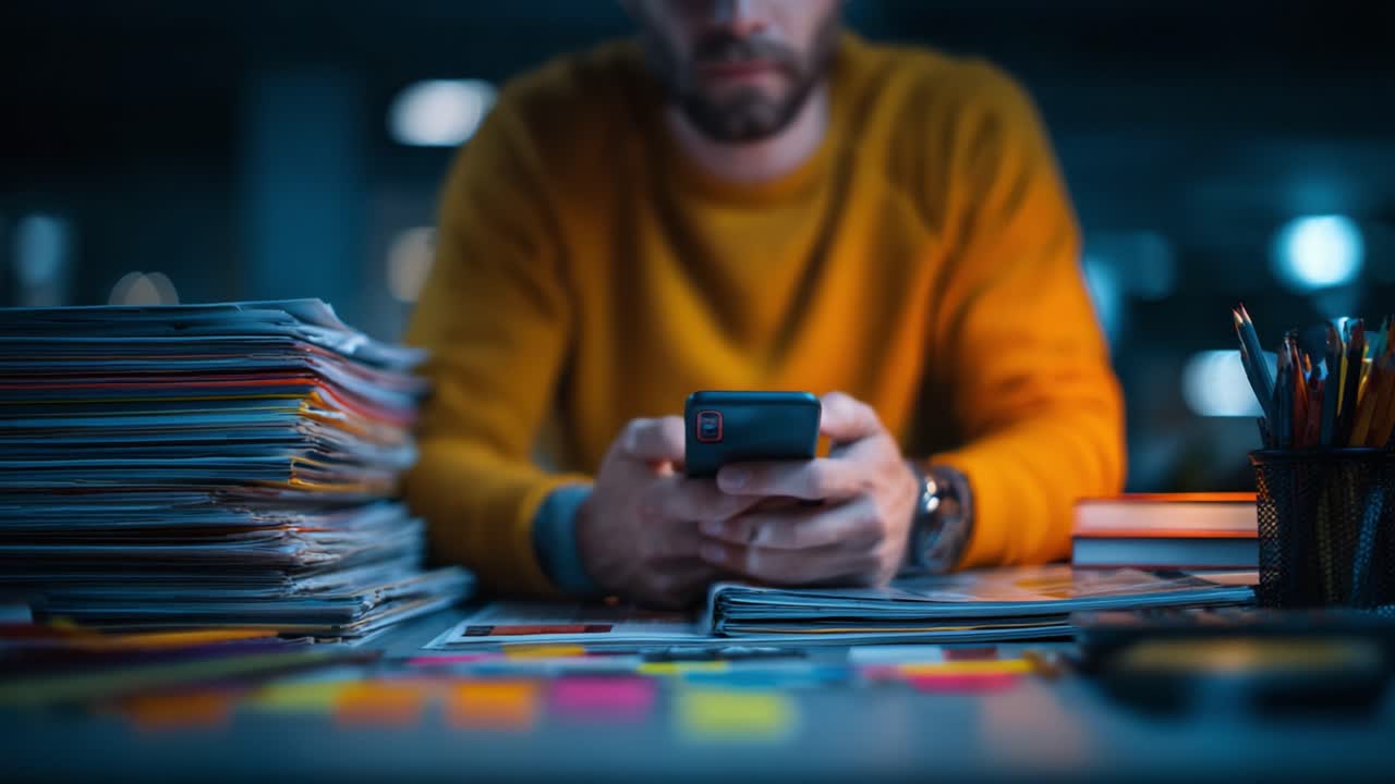 Focused Individual Engaged with Smartphone Surrounded by Work Materials in a Dimly Lit Environment, Highlighting Productivity and Modern Communication