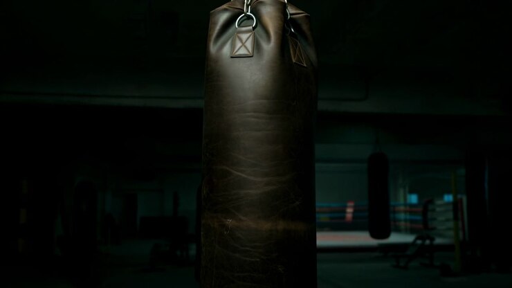 Un grande sacco da boxe pende al centro di una buia palestra di boxe, con sacchi da allenamento aggiuntivi e attrezzature che sfumano nello sfondo in ombra sotto una luce fioca.