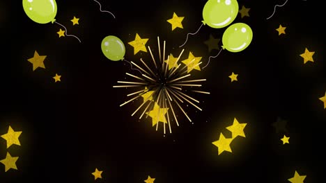 animación de globos amarillos y estrellas volando sobre fuegos artificiales sobre fondo negro