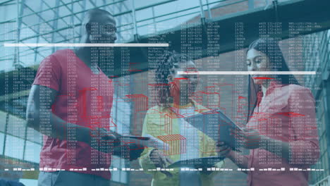 diverse group analyzing architectural plans with data and building animation overlay