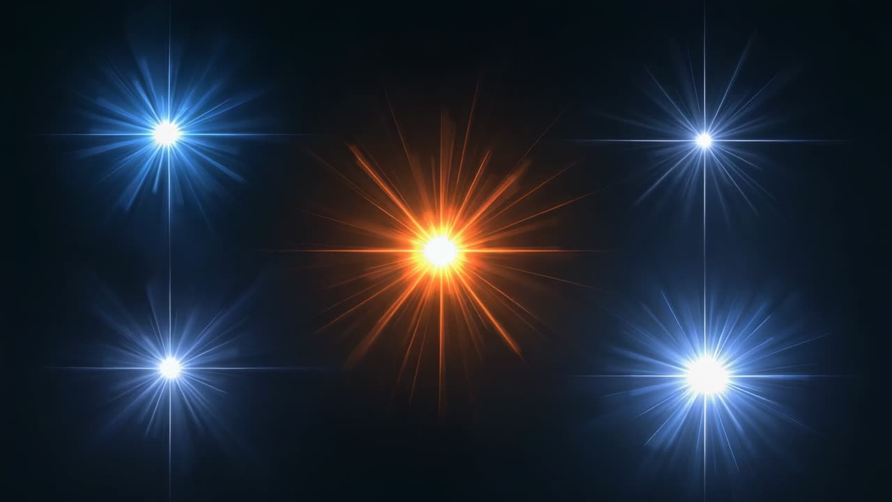 Opening orange starburst pulsing, blue-white starbursts alternating until settling in dark void