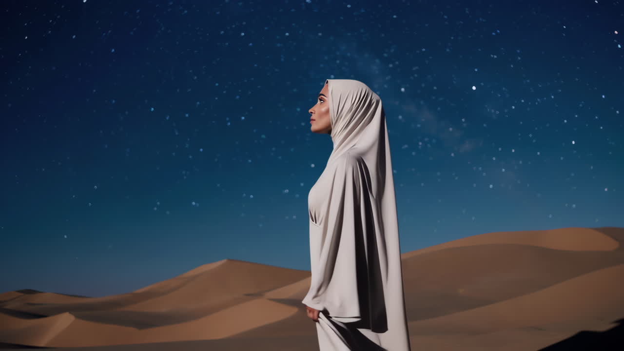 Woman in Hijab at Night in Desert