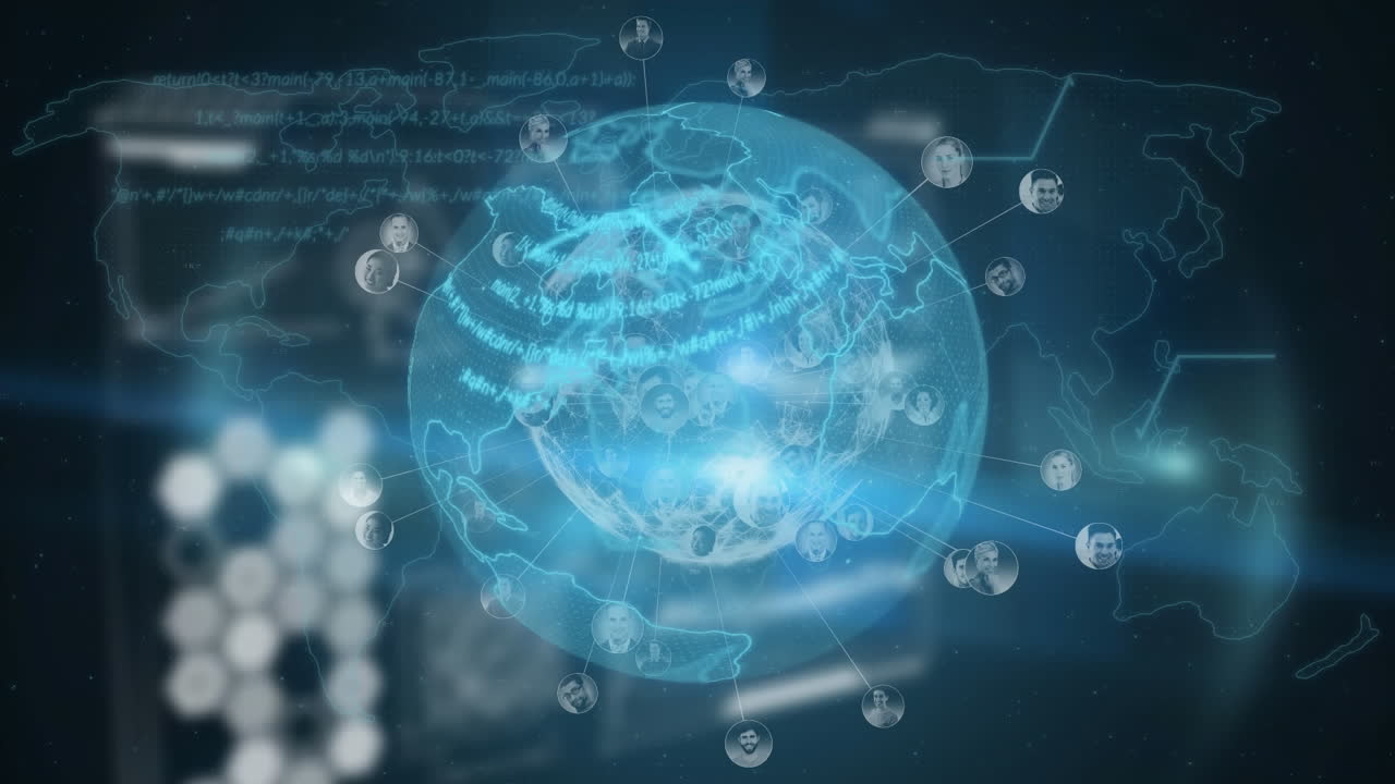 파란색 배경의 지도에 대한 지구상의 데이터에 대한 심장 리 ⁇ 의 애니메이션