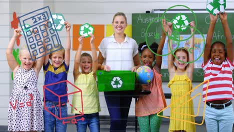 animation of school concept icons over caucasian female teacher and students holding recycle items