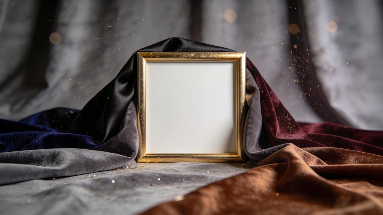 Sitting square gold picture frame on fabric tabletop, particles drifting from gentle studio air