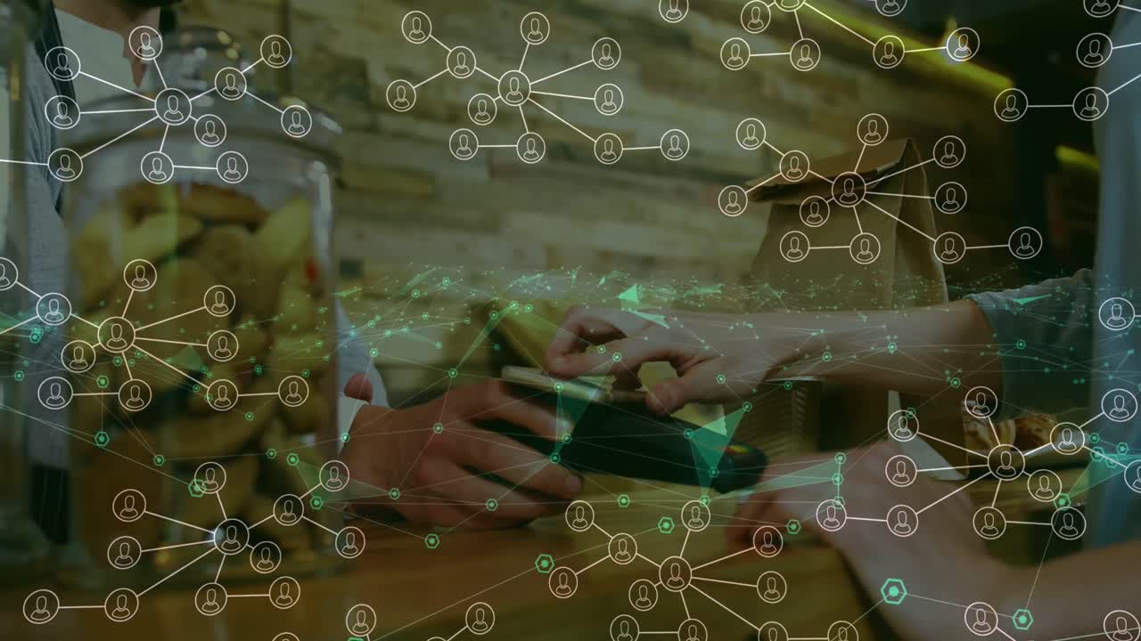 анимация соединений через руки кавказских людей, использующих платежный терминал