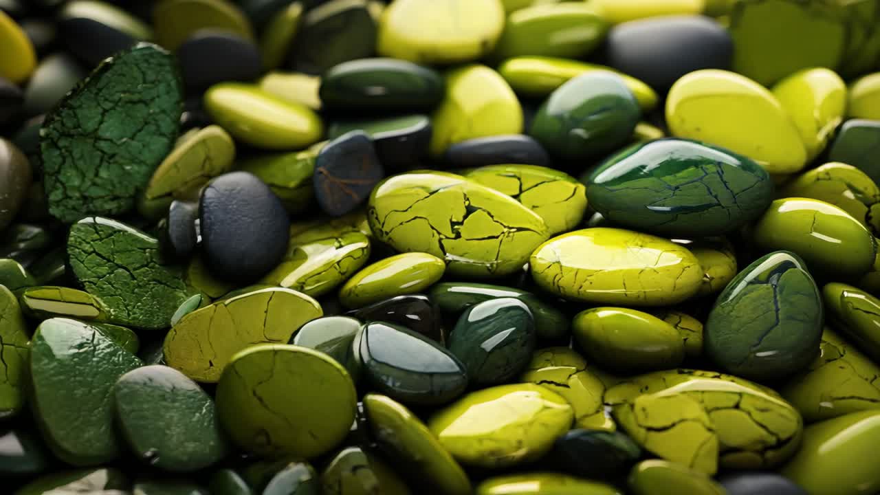 A pile of green and black stones. The stones are of different sizes and shapes. The pile is arranged in a way that creates a sense of depth and texture