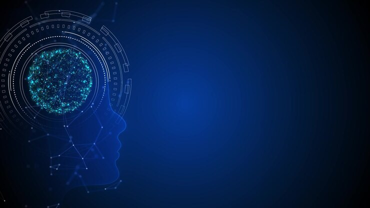 Blue ai human mind background brain particles hud rings network lines large copy space artificial