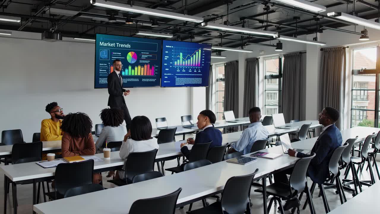 Wide-angle shot of a modern conference room with a presenter discussing market trends on video