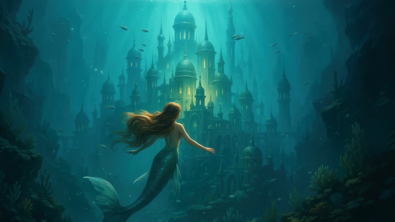A mystical underwater scene with a mermaid swimming towards an illuminated castle