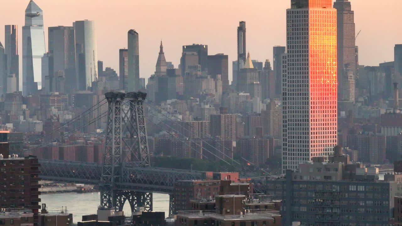 Aerial view of New York City at sunrise. Shot in Brooklyn