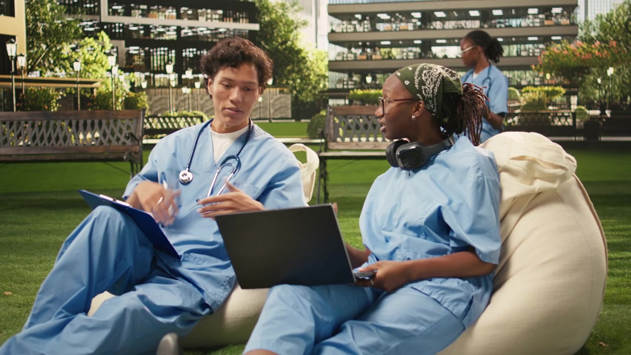 Diversi studenti di medicina in camici blu collaborano con appunti sul laptop