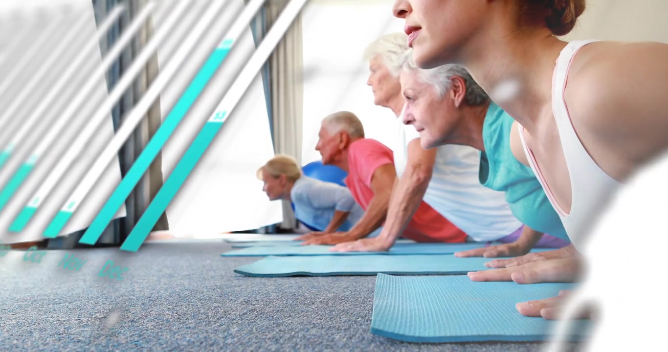 woman leading yoga class doing cobra pose initiating data bars emerging then receding for analytics