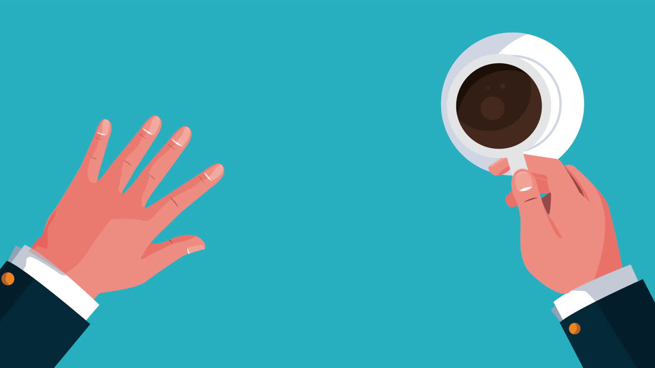 금융 계획 경제 애니메이션: 커피와 문서를 마시는 사업가