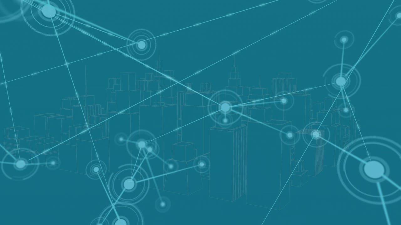 Animation on network of connections over metaverse city and green background