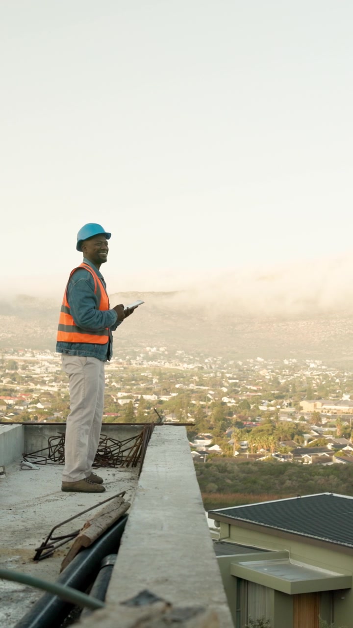 Construction Worker Using Tablet on Building Site Overlooking City