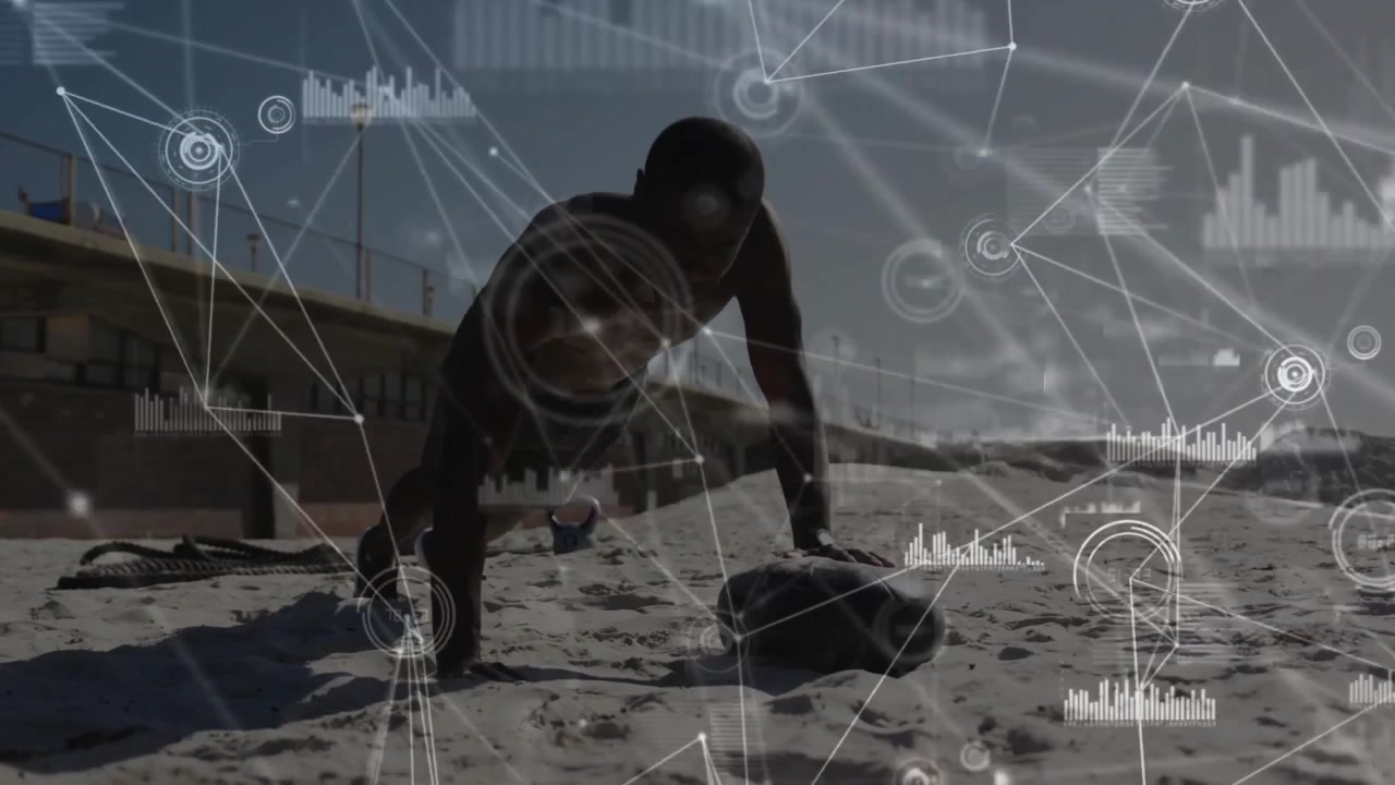 Man placing sandbag and starting push-up sequence on beach for fitness, generating animated metrics