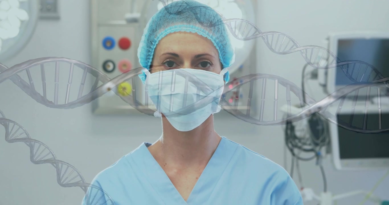 Infermiera che alza le braccia per fissare la maschera, indossa i guanti e regola la vestibilità, con sovrapposizione di DNA sullo schermo per un intervento chirurgico.