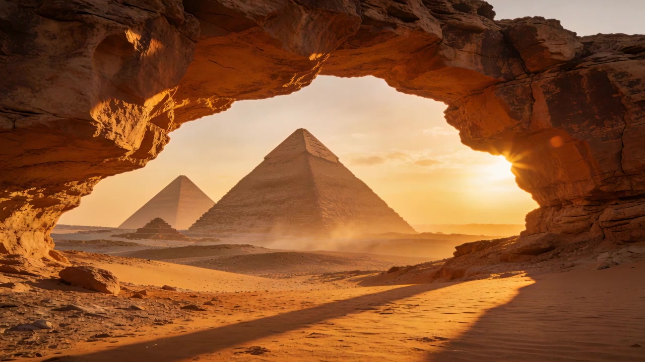 Zarámování dvojice pyramid skrz skalní oblouk, vycházející slunce způsobující odlesk objektivu a vířící písek.