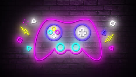 animación de un teclado de videojuego de neón retro brillante parpadeando en la pared de ladrillo púrpura en el fondo
