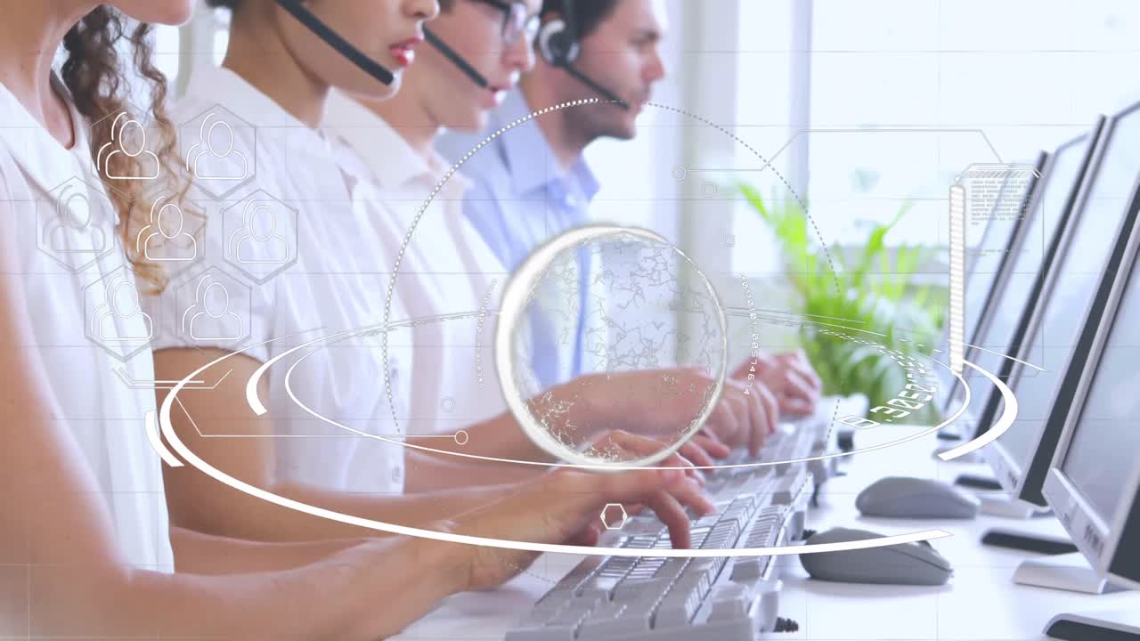 representantes del centro de llamadas y diferentes iconos 4k