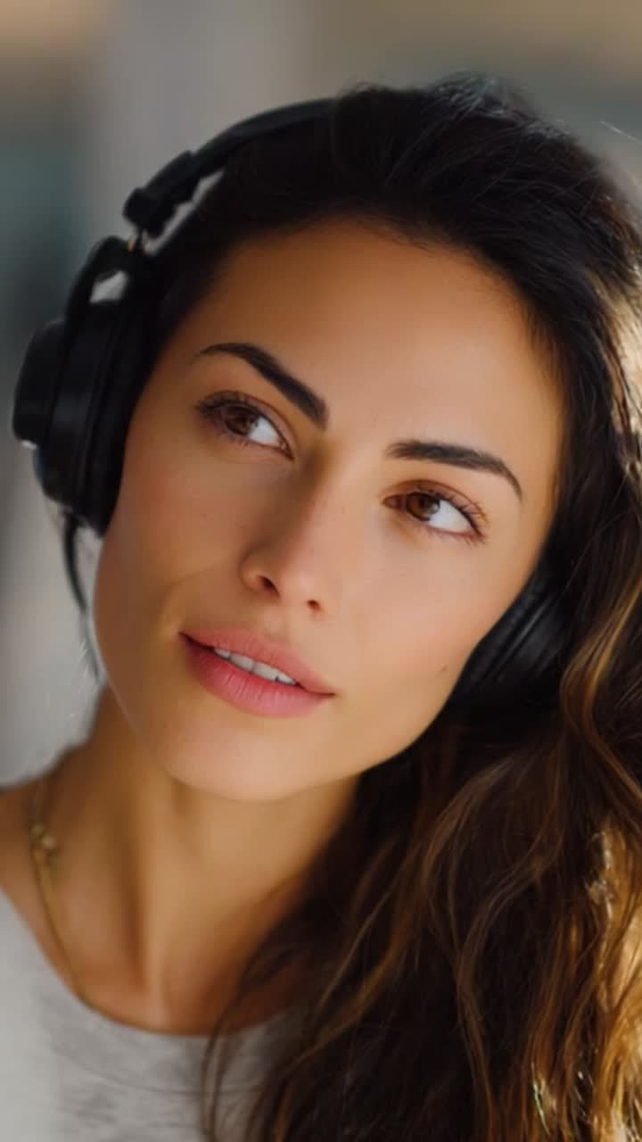 A woman with headphones enjoys music, expressing emotion and peace, captured in a cozy setting highlighting her natural beauty and connection to sound