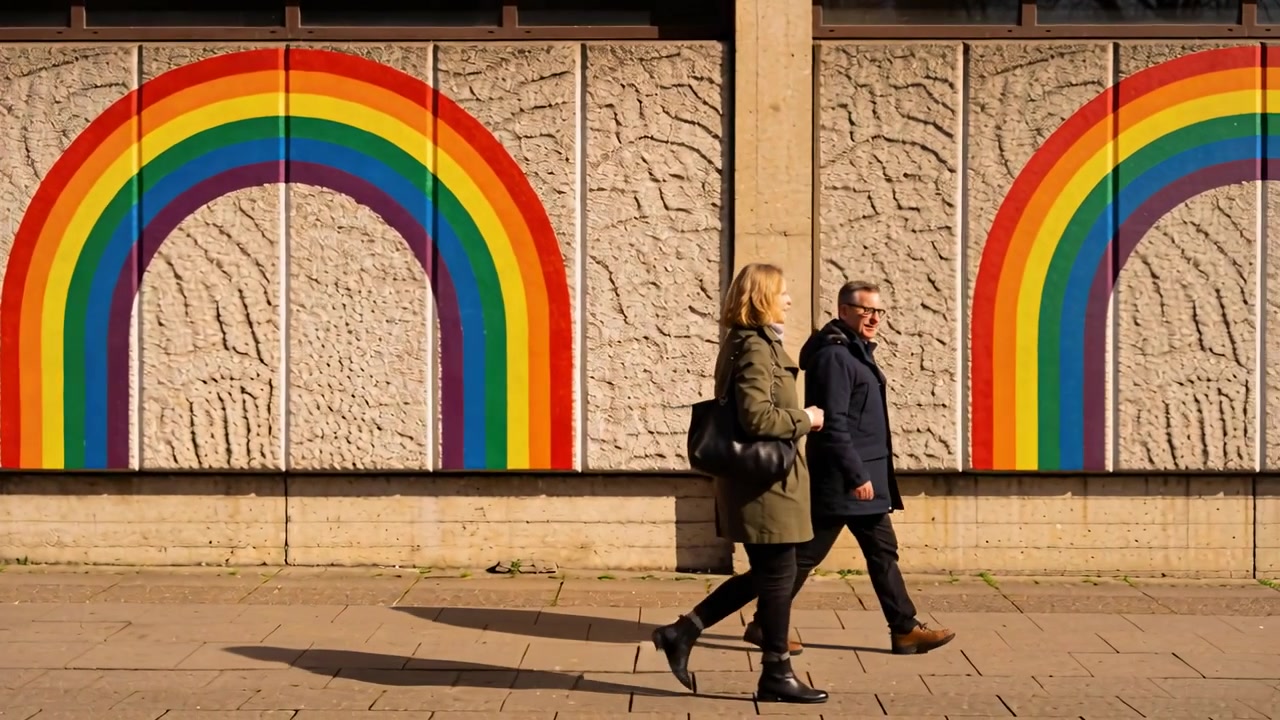 Pareja de mediana edad caminando, entrando en el encuadre, cruzando la acera junto a arcos de arcoíris, con abrigos y llevando una bolsa.