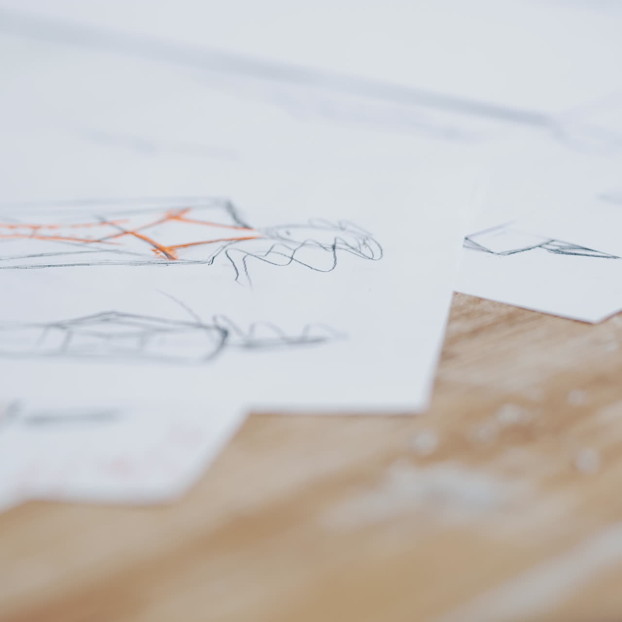 Workplace of a seamstress on the table with some sketches and meter. Creative drawings of a tailor on white papers and a blue tape measure on the wooden background. Close-up.