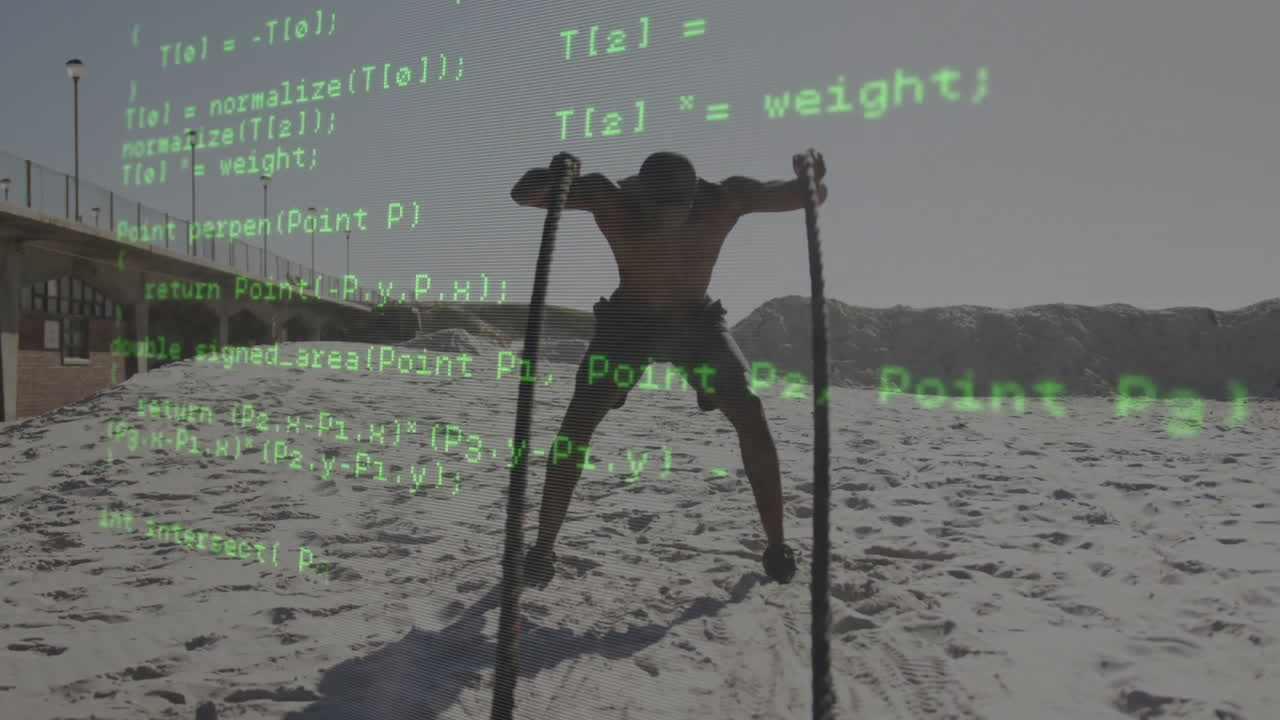 Man performing battle-rope workout on sandy beach, showing fitness through green code overlay