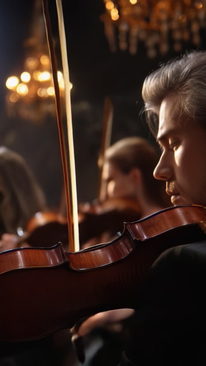 Un primo piano di una violinista profondamente immersa nel suonare, circondata da altri musicisti in un ambiente elegante con lampadari scintillanti che illuminano la scena.