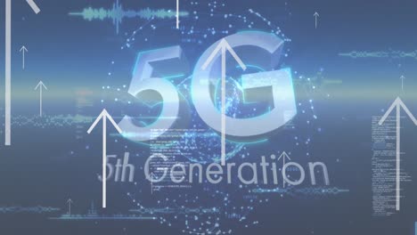 animation of arrows, data processing and 5g over globe in navy space