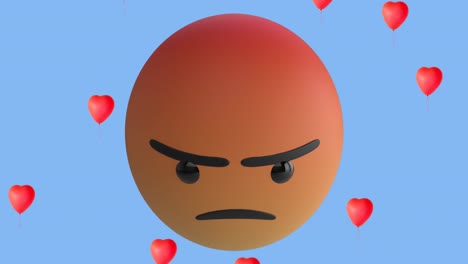 Animación-Del-ícono-Emoji-Enojado-Con-íconos-De-Globos-De-Corazón-Rojo-Sobre-Fondo-Azul