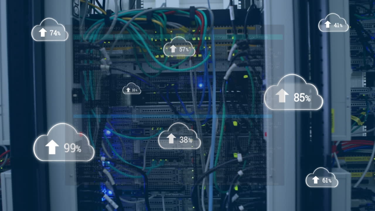 Animation of icons and data processing over server room
