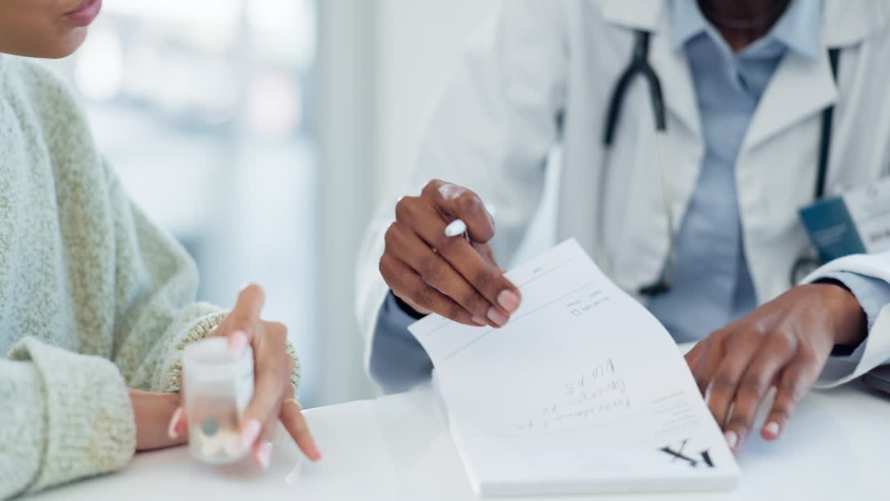 Hands, doctor and patient with pills