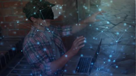 animation of a boy using a vr headset over a web of connected dots in the background