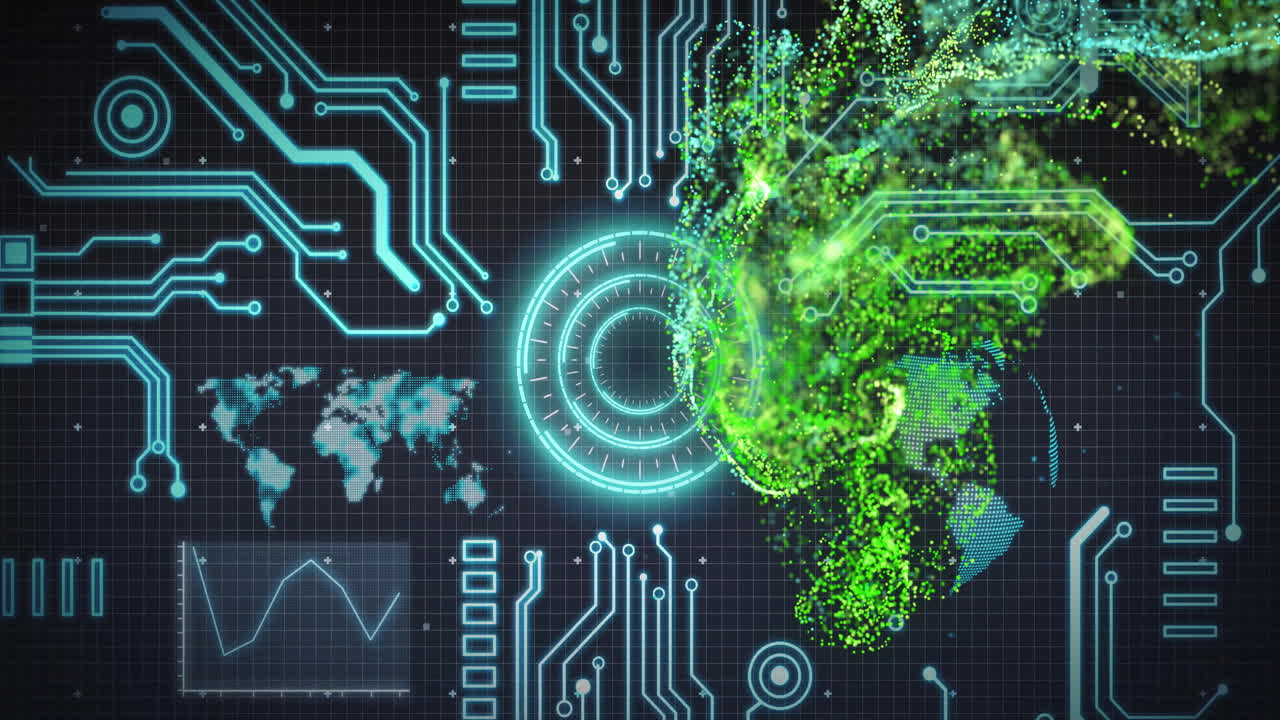Animation of digital circuit patterns and green particles over world map and graphs