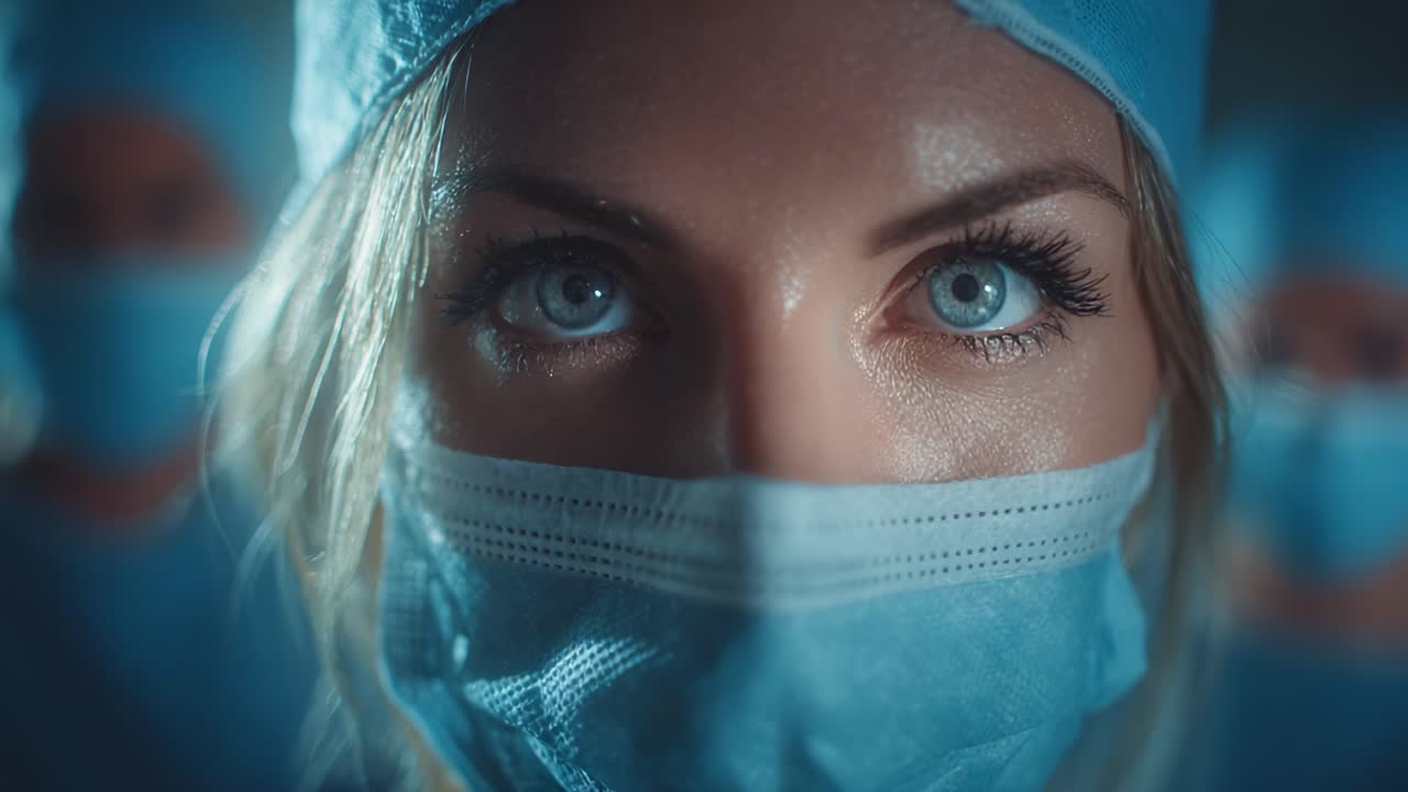 In the Heart of the Operating Room: A Close-Up of a Focused Medical Professional with Striking Blue Eyes and Protective Gear, Surrounded by Fellow Surgeons in a High-Stakes Environment
