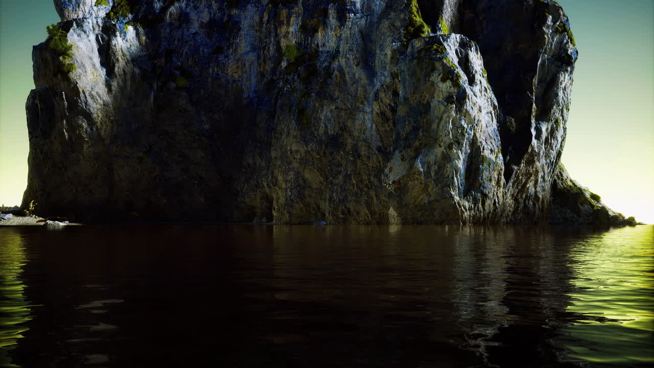Dramatic rock formation rises above reflective water at sunset near coast