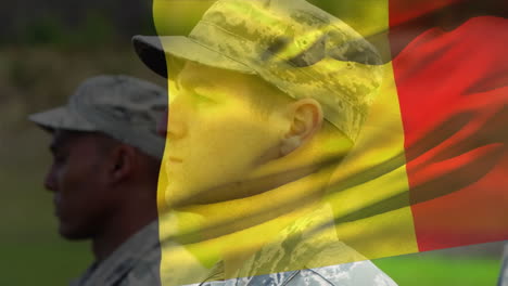 animation of flag of belgium over diverse male soldiers