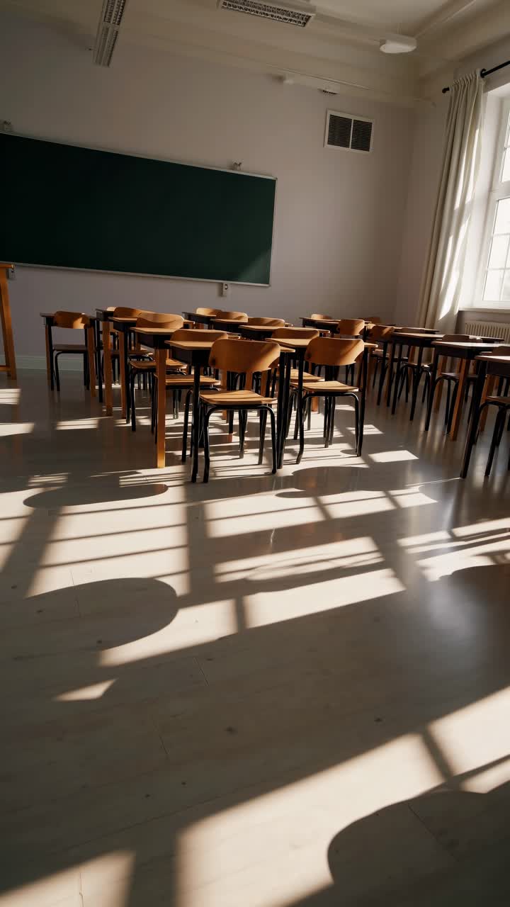 Aula vuota con banchi, sedie e luce solare che filtra dalla finestra.