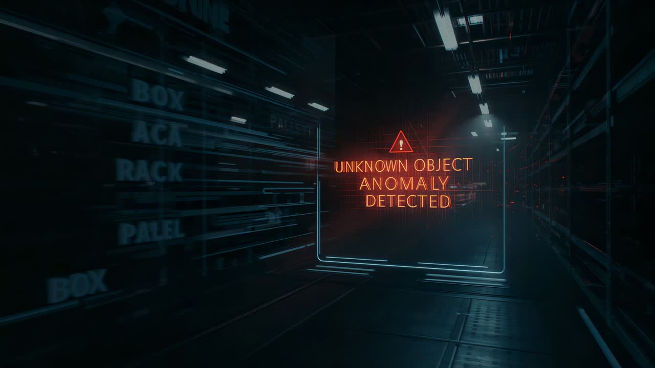 Moving camera activating hologram alert panel pulsing red warning while sensor orbs scanning racks