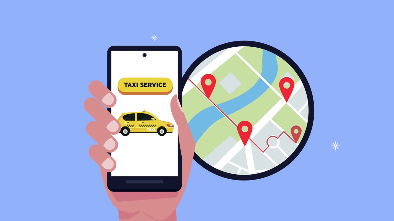 mano con teléfono inteligente y mapa de gps de taxi