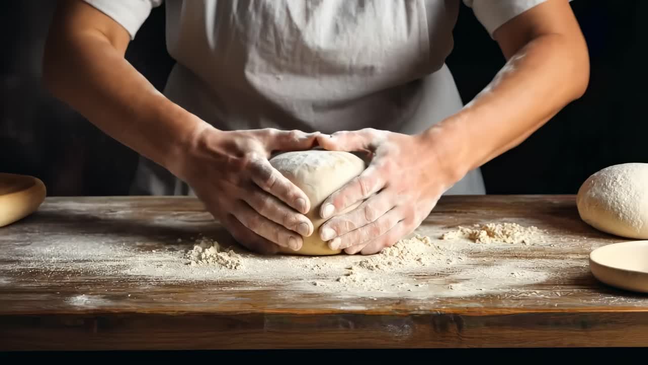 Video ravvicinato di mani che impastano su un tavolo di legno