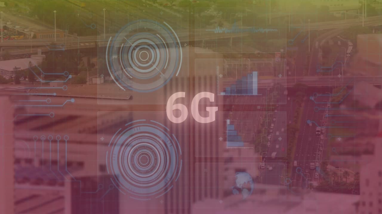 animación de texto de 6g, procesamiento de datos y escaneo de ámbitos en pantallas sobre el paisaje urbano